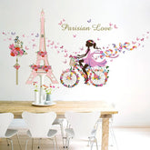 Romantic Paris Wall Sticker For Kids Rooms Eiffel Tower Flower Butterfly Fairy Girl Riding Art Decal Home Decor Mural